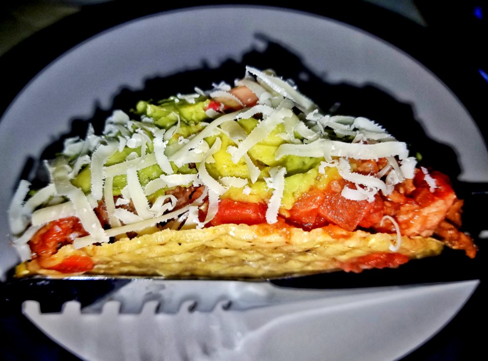 Taco with refried beans, textured vegetable protein, salsa, guacamole, and cheese - Massachusetts