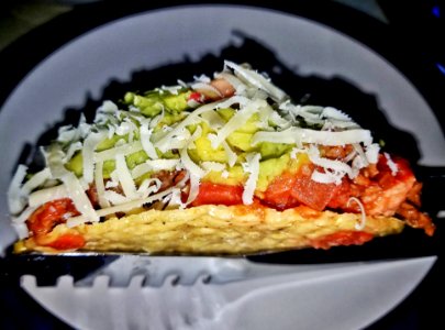 Taco with refried beans, textured vegetable protein, salsa, guacamole, and cheese - Massachusetts