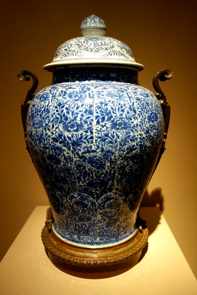 Temple Jar, 2 of 2, China, Qing Dynasty, Kangxi period, 1662-1722, porcelain with underglaze cobalt, bronze decoration