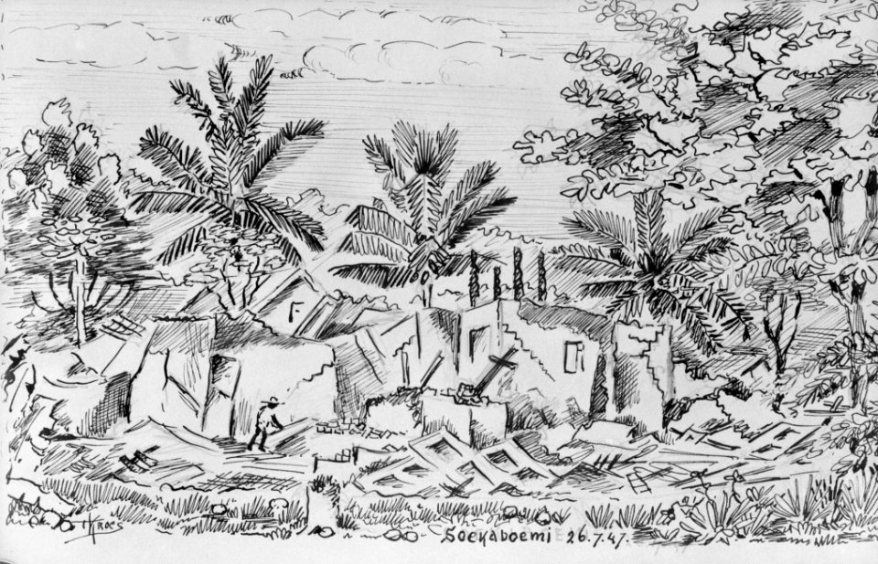 Tekening van T. Kroes, getiteld Soekaboemi, gedateerd 26-07-1947, voorstellende , Bestanddeelnr 11711
