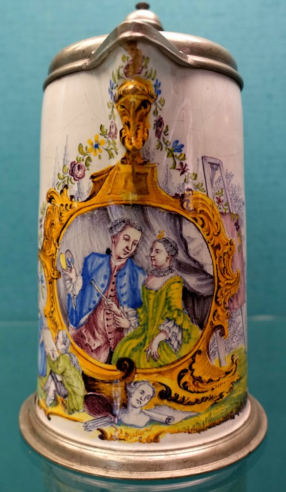Tankard with lip, Gerog Friedrich Kordenbuch, Nuremberg, 1761, faience, pewter - Germanisches Nationalmuseum - Nuremberg, Germany - DSC03159