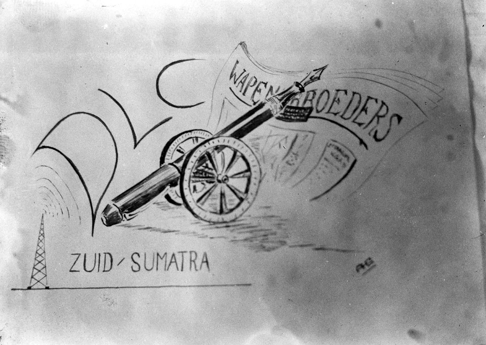 Tekening van vulpen als kanon. Met als tekst wapenbroeders, DLC en Zuid-Sumatra, Bestanddeelnr 12566