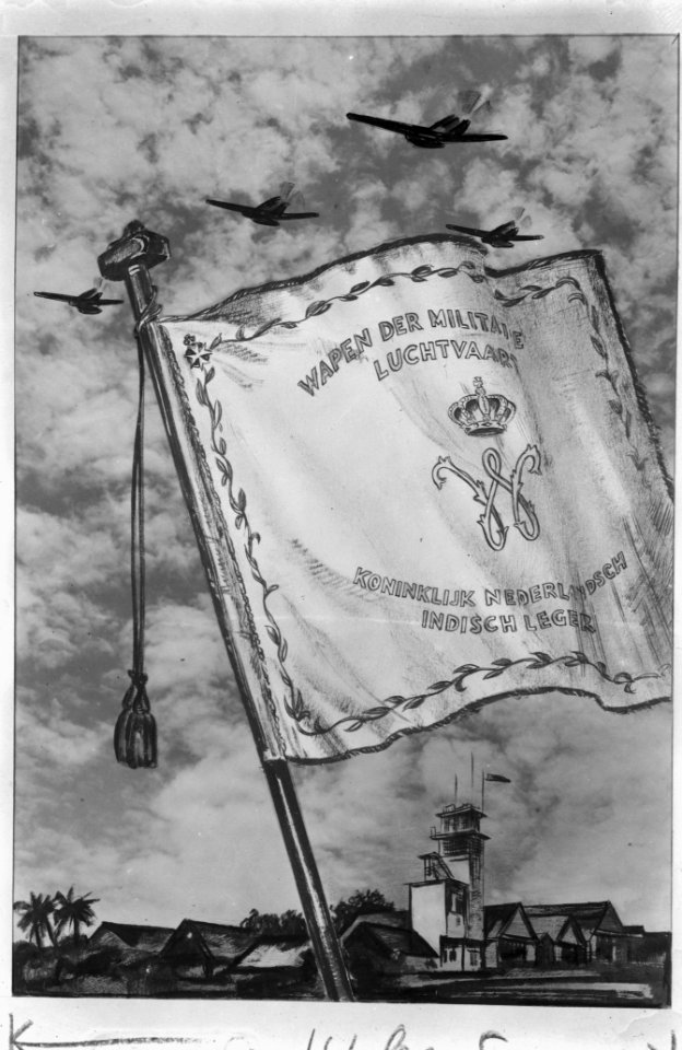 Tekening van het vaandel van het Wapen der Militairie Luchtvaart van het KNIL, m, Bestanddeelnr 8778
