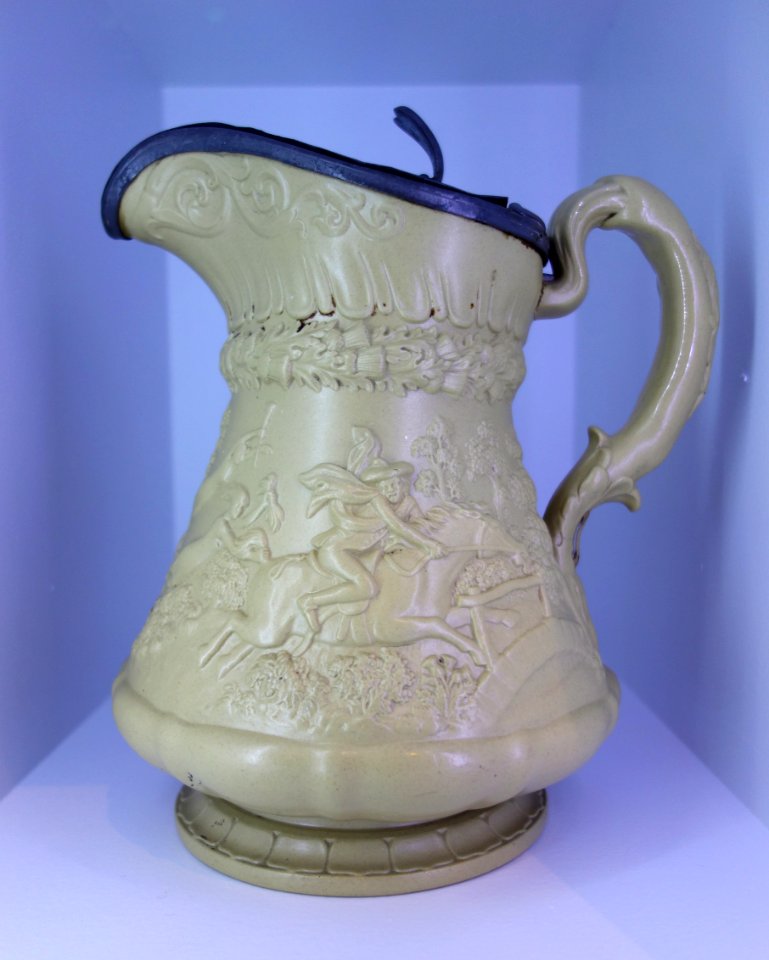 Tam O'Shanter Jug, William Ridgway & Co., Stoke on Trent, Hanley, England, c. 1835, stoneware and white metal - Brooklyn Museum - Brooklyn, NY - DSC08327