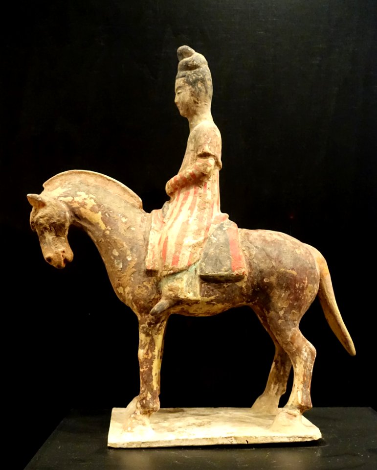 Tomb figurine of a woman riding a horse, dressed in turban and trousers, China, Tang dynasty, 618-906 AD, glazed earthenware with traces of paint - Östasiatiska museet, Stockholm - DSC09532