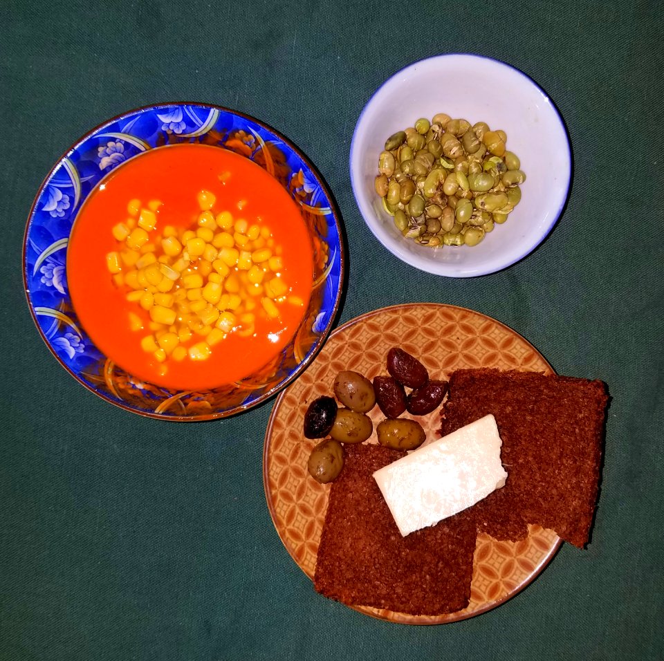 Tomato & red pepper soup, corn, soy beans, olives, bread & cheese - Massachusetts - 20200809 113507