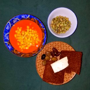 Tomato & red pepper soup, corn, soy beans, olives, bread & cheese - Massachusetts - 20200809 113507