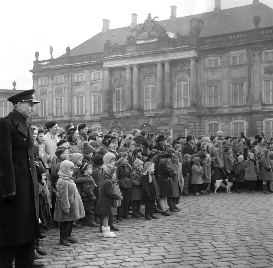 Toeschouwers op het plein van Slot Amalienborg ter ere van de verjaardag van de , Bestanddeelnr 252-8696