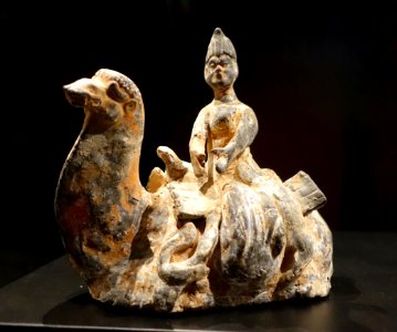 Tomb figurine of a camel with male rider, China, Northern Wei dynasty, 386-534 AD, earthenware - Östasiatiska museet, Stockholm - DSC09583