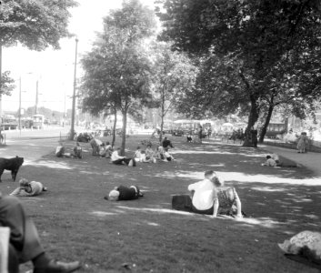 Toeristen en Amsterdammers zoeken de schaduw op in het plantsoen bij Prins Hendr, Bestanddeelnr 916-8098