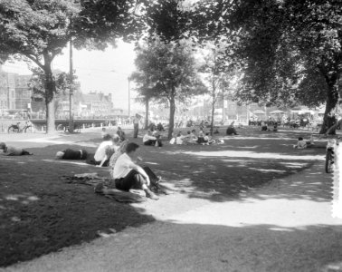 Toeristen en Amsterdammers zoeken de schaduw op in het plantsoen bij Prins Hendr, Bestanddeelnr 916-8093