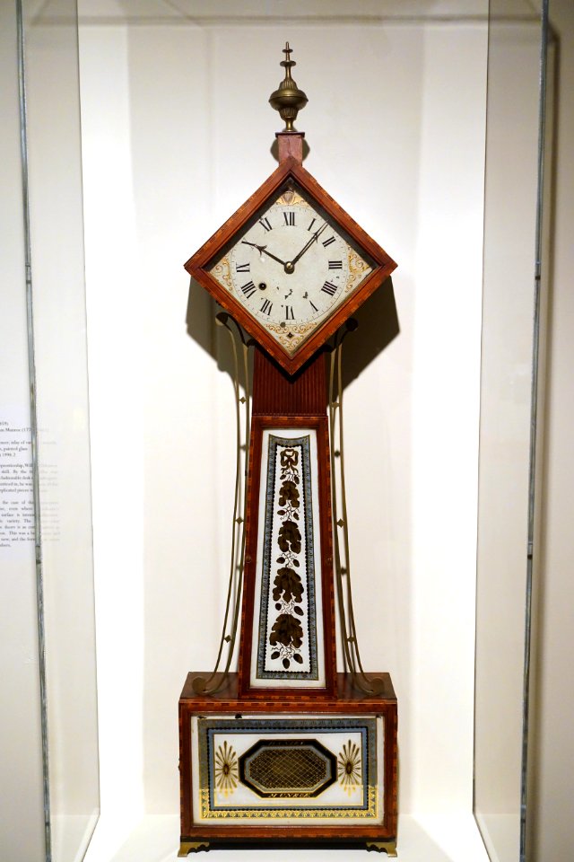 Timepiece by Daniel Munroe 1775-1859, case attrib to William Munroe 1778-1861, Concord MA, 1800-1801, mahogany, mahogany veneer, wood inlays, brass, steel, glass - Concord Museum - Concord, MA - DSC05792