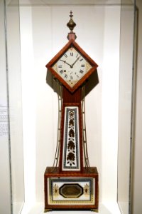 Timepiece by Daniel Munroe 1775-1859, case attrib to William Munroe 1778-1861, Concord MA, 1800-1801, mahogany, mahogany veneer, wood inlays, brass, steel, glass - Concord Museum - Concord, MA - DSC05792