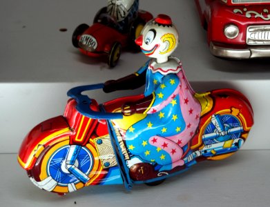 Tin toy clown on motorcycle, Musée du jouet de Colmar