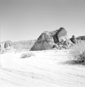 Timna in de Negevwoestijn landschap met geologische formaties en struikgewas, Bestanddeelnr 255-3638
