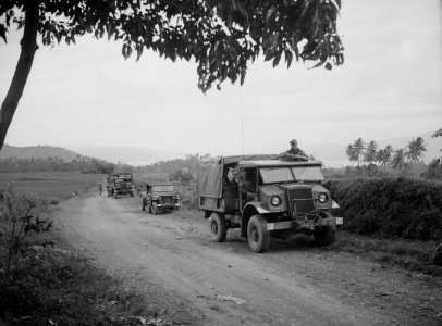 Tijdens de opmars in de sector Padang (Sumatra) een colonne staat stil langs d…, Bestanddeelnr 14979