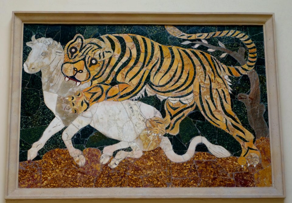 Tigress attacking a calf, S 1226, Roman, Esquiline Hill, Basilica of Junius Bassus, 2nd quarter of the 4th century AD, multicolor marble - Musei Capitolini - Rome, Italy - DSC05927
