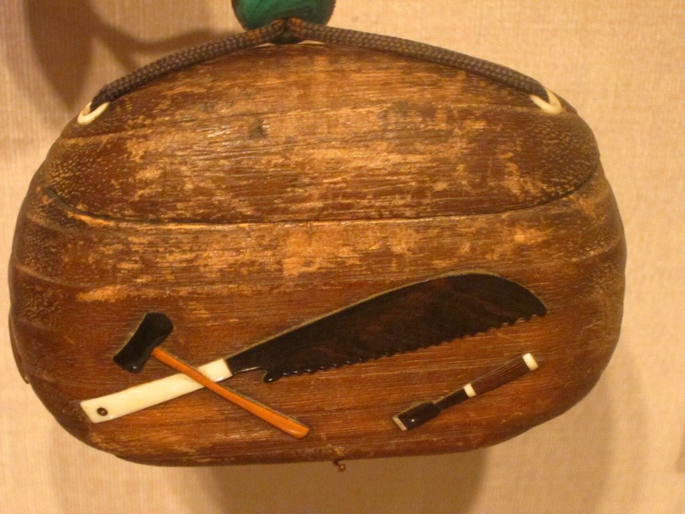 Tobacco container with carpenter's tools, Edo period, 19th century, wood and lacquer, HAA