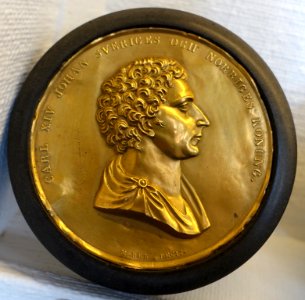 Tobacco box with portrait of King Karl XIV Johan, marked Morell Fecit, 1820s, brass, lacquer - Nordiska museet - Stockholm, Sweden - DSC09990