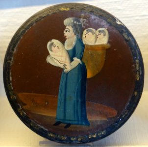 Tobacco box with woman carrying three babies, Havero, Uppland, 1700s, lacquer - Nordiska museet - Stockholm, Sweden - DSC09993