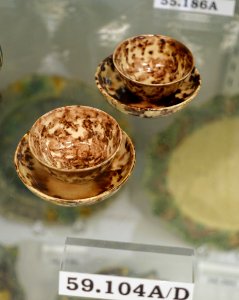 Toy teacups and saucers, Staffordshire, England, 1760-1770, creamware with sponged underglaze metalic oxides, HC 59.104 - Flynt Center of Early New England Life - Deerfield, Massachusetts - DSC04462