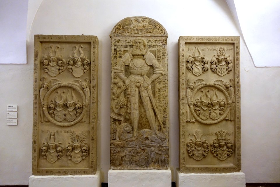 Tombstones for Wolf-Albert & Maria Justina Echter von Mespelbrunn, by Wohl Zacharias Juncker, c. 1636, & Eberhard von Ehingen, by Peter Dell younger, c. 1550 - Mainfränkisches Museum - Würzburg, Germany - DSC05075