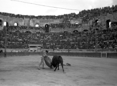 Torero bevecht stier in het midden van de arena, in zijn handen een muleta, Bestanddeelnr 191-0412