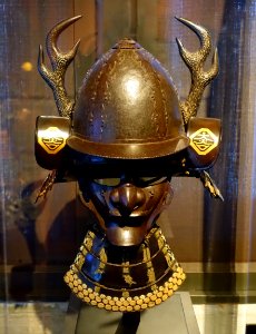 Toppai kabuto (high-sided helmet) and menpo (half mask attributed to Myochin School), Japan, Momoyama period, late 1500s AD, iron, wood, lacquer, gold - The Ann and Gabriel Barbier-Mueller Museum - DSC05475