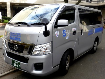 The frontview of Nissan NV350 CARAVAN (E26) as delivery van of Sagawa Express