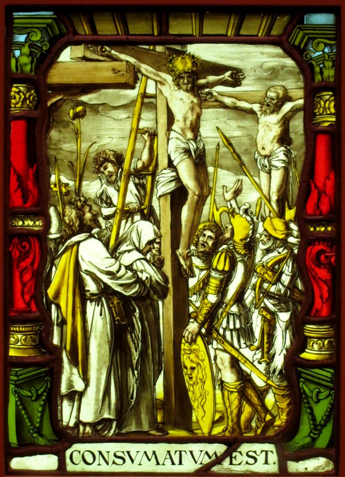 The Crucifixion painted glass, by unknown artist, after design by Hans Holbein the Younger, San Diego Museum of Art