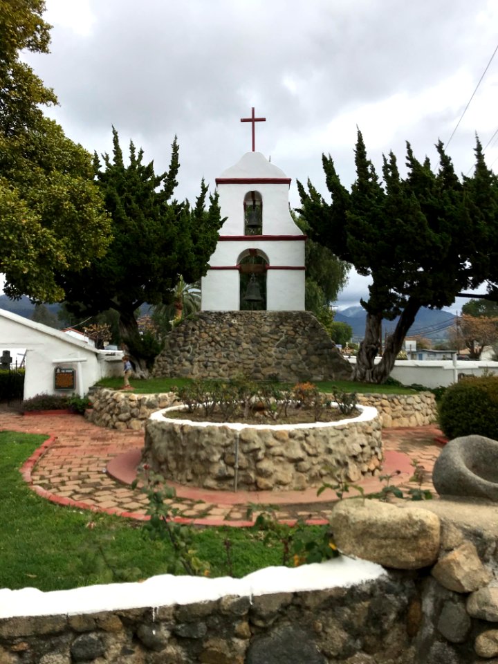 The Courtyard and Bell Tower of Mission San Antonio de Pala Asistencia in Pala, California
