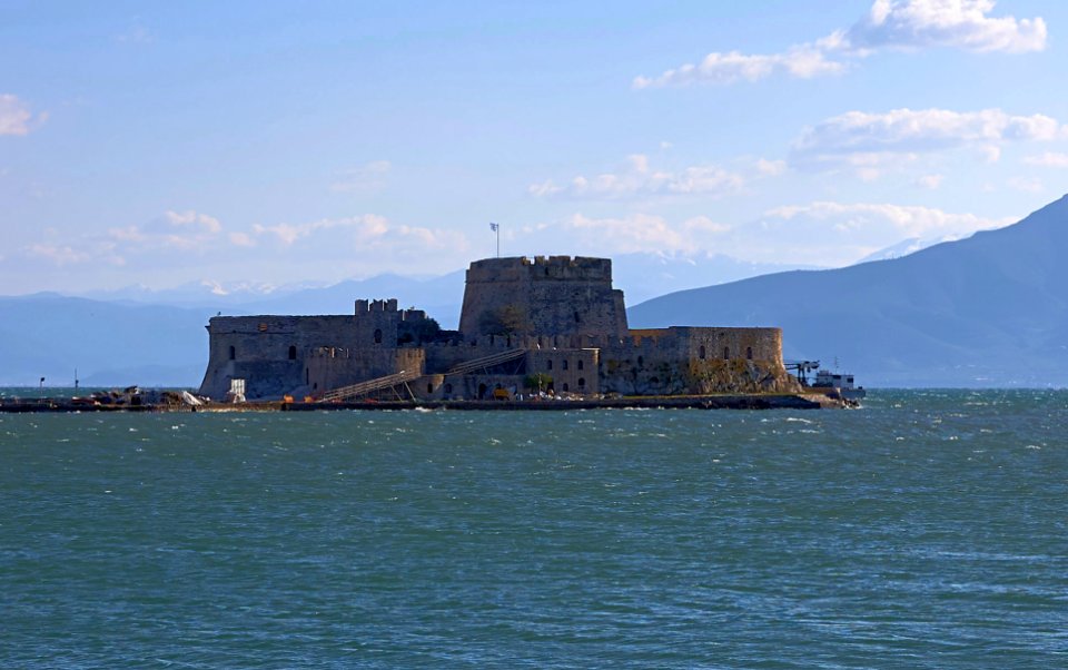 The castle of Bourtzi guarding the entrance to the harbour of Nafplio on 30 March 2019