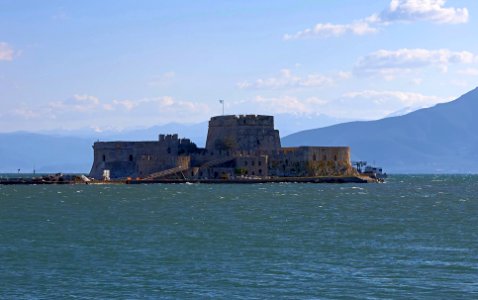 The castle of Bourtzi guarding the entrance to the harbour of Nafplio on 30 March 2019
