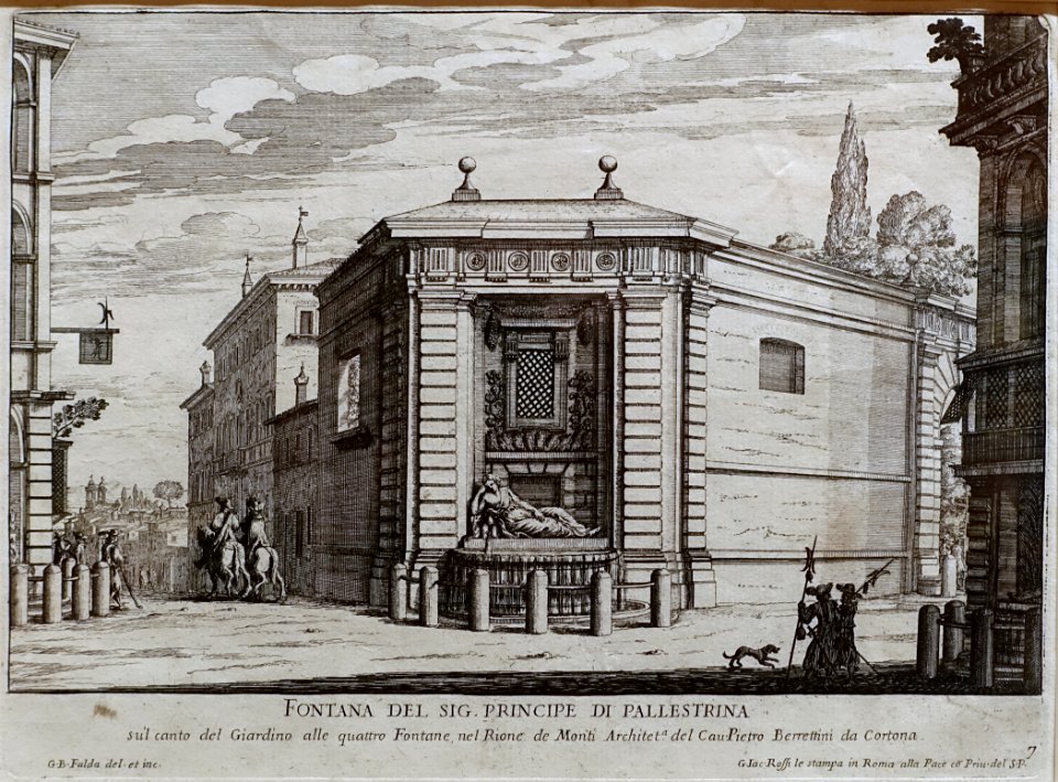 The Fountain of the Prince of Palestrina (Palazzo Barberini), print by Giovanni Battista Falda, in the Fontane di Roma, 1691 - Jordan Schnitzer Museum of Art, University of Oregon - Eugene, Oregon - DSC09419