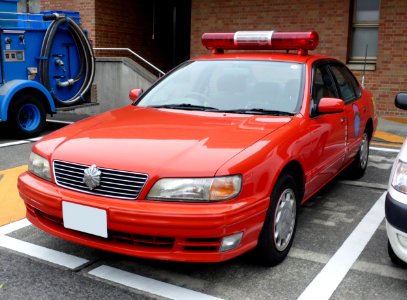 The frontview of Nissan CEFIRO (A32) as a fire department vehicle