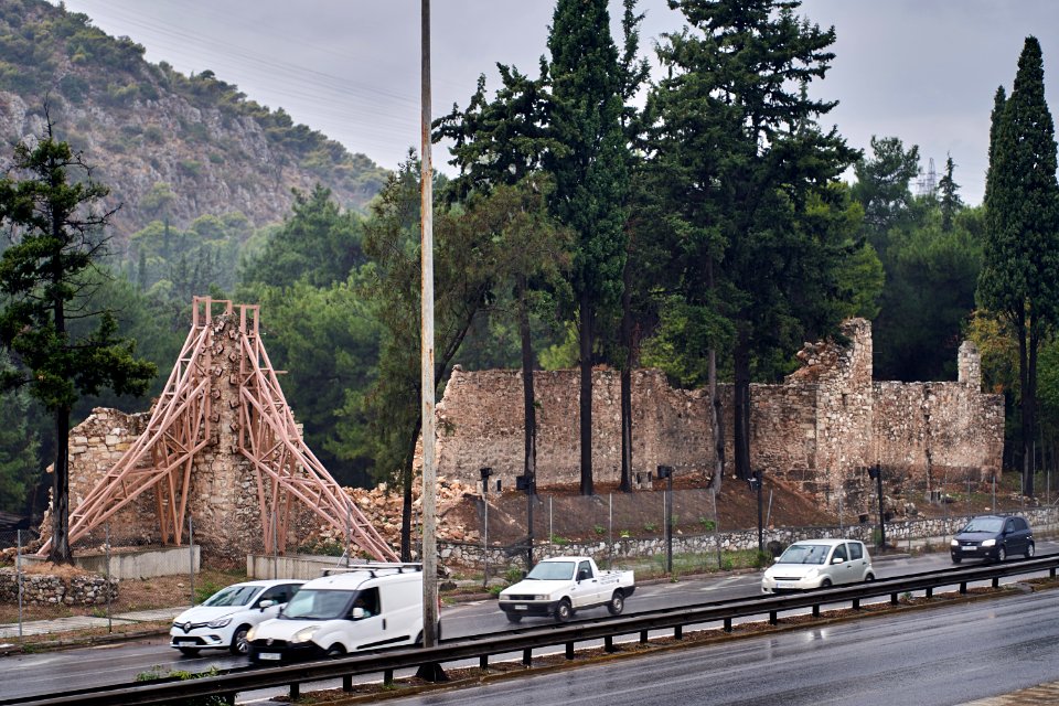 The collapsed wall of the Byzantine Monastery of Dapnhi on October 31, 2019
