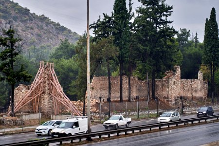 The collapsed wall of the Byzantine Monastery of Dapnhi on October 31, 2019