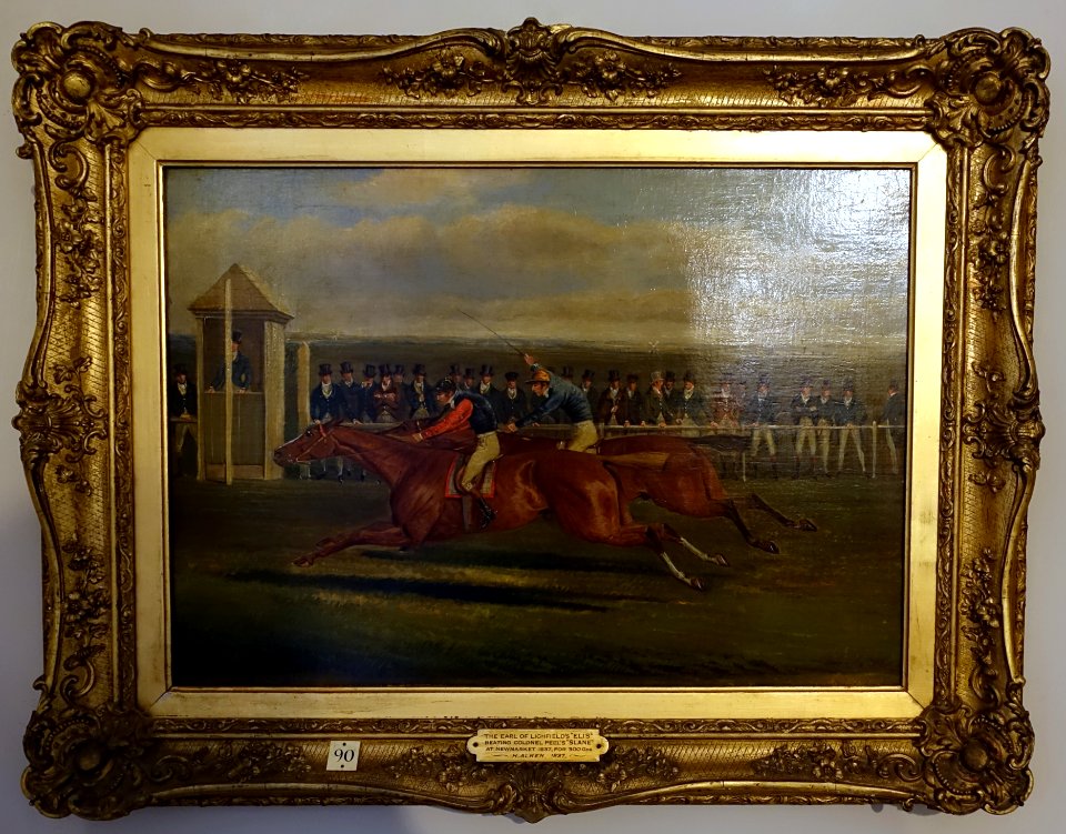 The Earl of Lichfield's 'Elis' beating Colonel Peel's 'Slane' at Newmarket 1837, for 300 Gns., by Henry Thomas Alken, 1837, oil on canvas - Shugborough Hall - Staffordshire, England - DSC00473