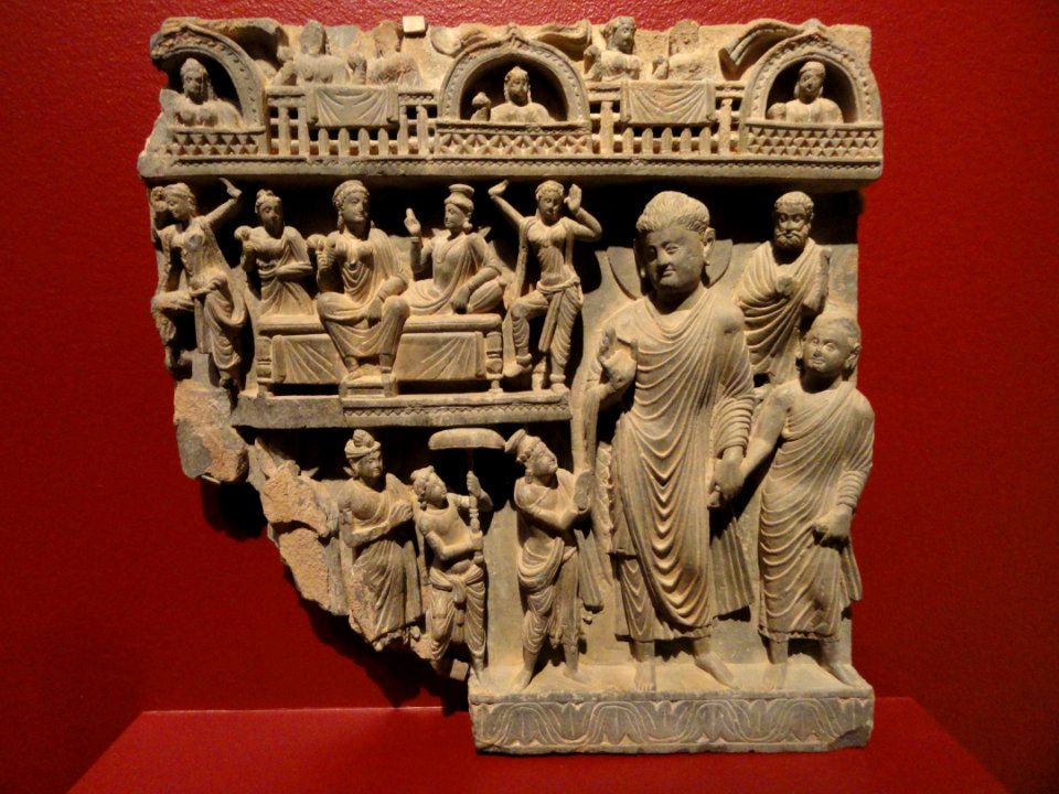 The Buddha and Nanda in the Heaven of the Thirty-Three Gods, Gandhara, Pakistan, late 2nd century AD, schist - San Diego Museum of Art - DSC06335