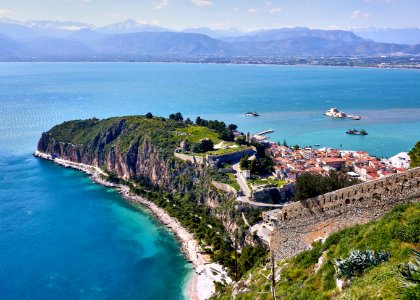 The castle of Akronaplia and the old town of Nafplio from the fortress of Palamidi on 30 March 2019