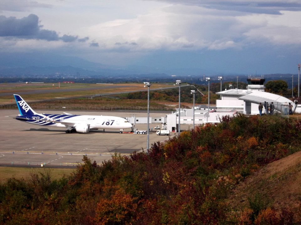 The Boeing 787 which came flying for the first time at Fukushima Airport. Taken photo from an observatory