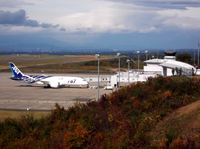 The Boeing 787 which came flying for the first time at Fukushima Airport. Taken photo from an observatory