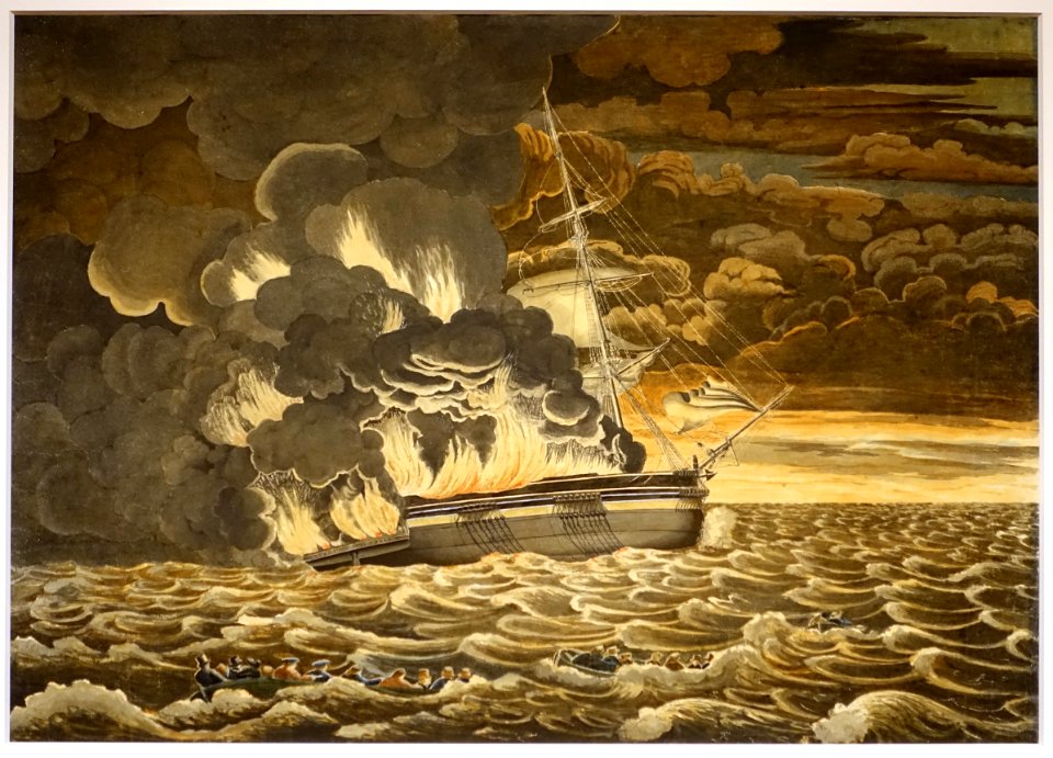 The Burning of the Packet Ship Boston, by Fitz Henry Lane, 1830, watercolor on paper - Cape Ann Museum - Gloucester, MA - DSC01185