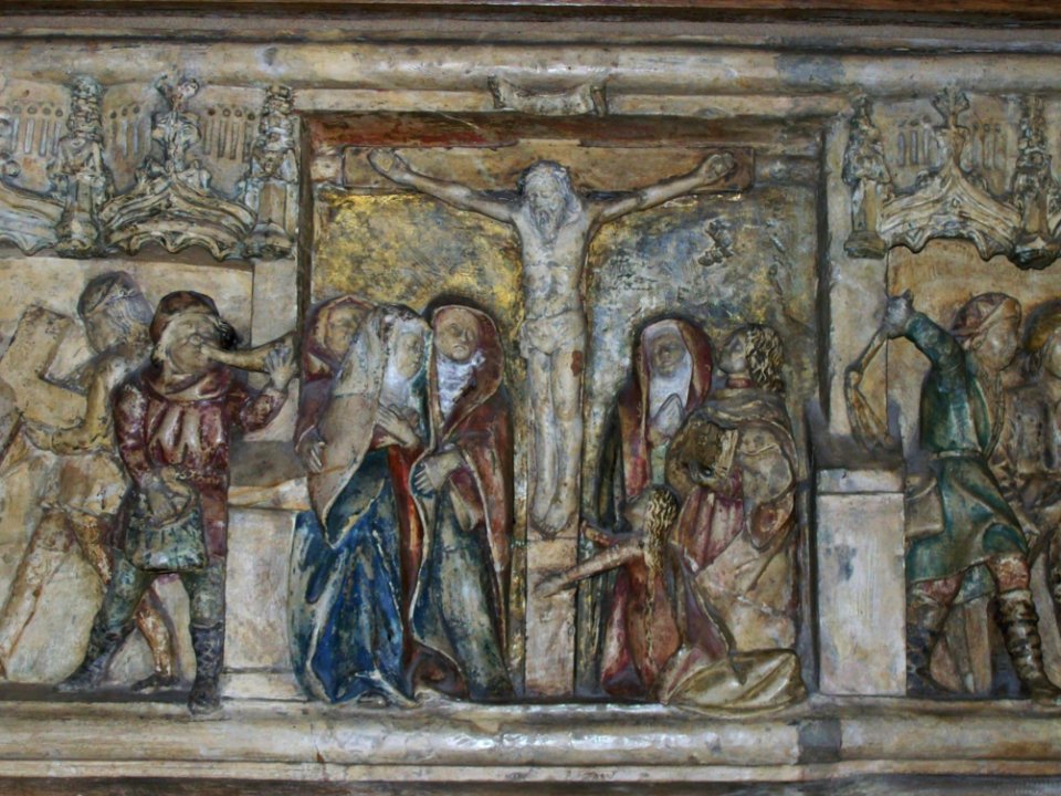 The Crucifixion, detail of reredos, St Mary, Wingham
