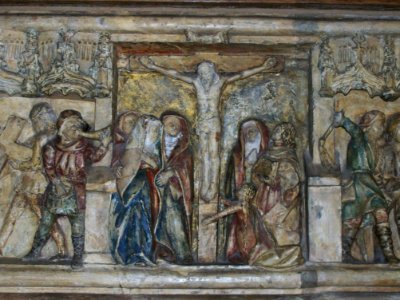 The Crucifixion, detail of reredos, St Mary, Wingham