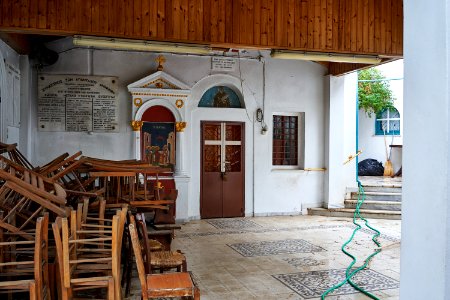The courtyard of the Church of Saint Symeon (Acropolis) on August 9, 2020