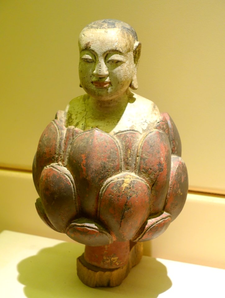 The boy Buddha rising up from lotus, Tran-Ho dynasty, 14th-15th century AD, crimson and gilded wood - National Museum of Vietnamese History - Hanoi, Vietnam - DSC05511
