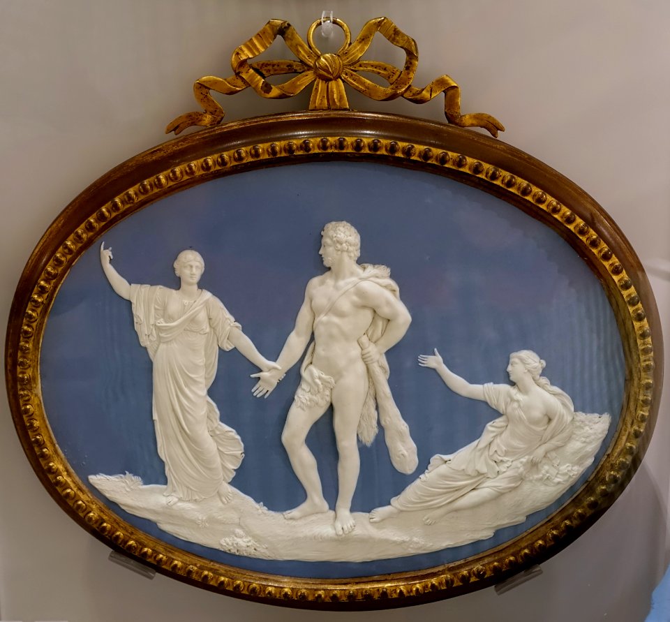 The Judgement of Hercules, 1773, solid gray-blue jasper with darker dip, white reliefs, ormolu frame by Matthew Boulton - Wedgwood Museum - Barlaston, Stoke-on-Trent, England - DSC09690