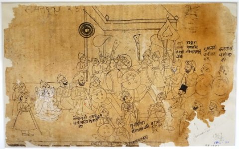 The Maharajah of Kota, Members of Court, and the Englishman James Tod, India, Rajput style, Kota school, early 1800s, ink and color on paper - Sackler Museum - Harvard University - DSC01686