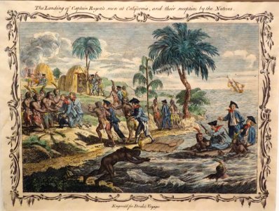 The Landing of Captain Roger's men at California, and their reception by the Natives, by Charles Grignion the Elder, c. 1770, engraved for Drake's Voyages - Oakland Museum of California - DSC05099